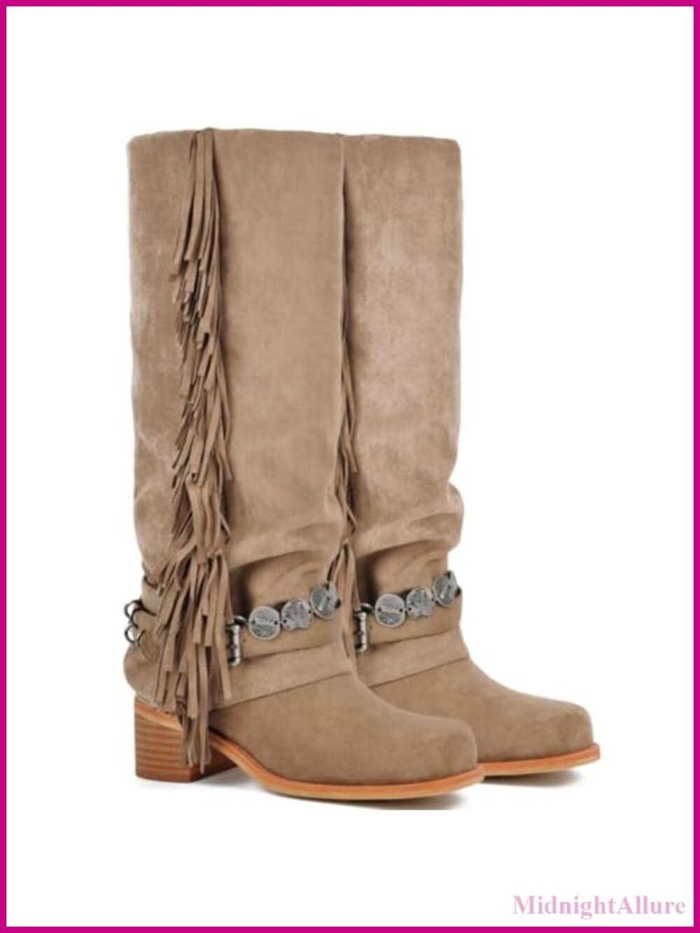 Knee High Riding Boots Suede Fringe Buckle Chunky Heel Square Toe Fold Over